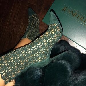 JenniferLe Dark Green Money Sign Women's Cutout Heeled Boots